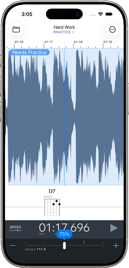 Capo for iOS showing speed control
