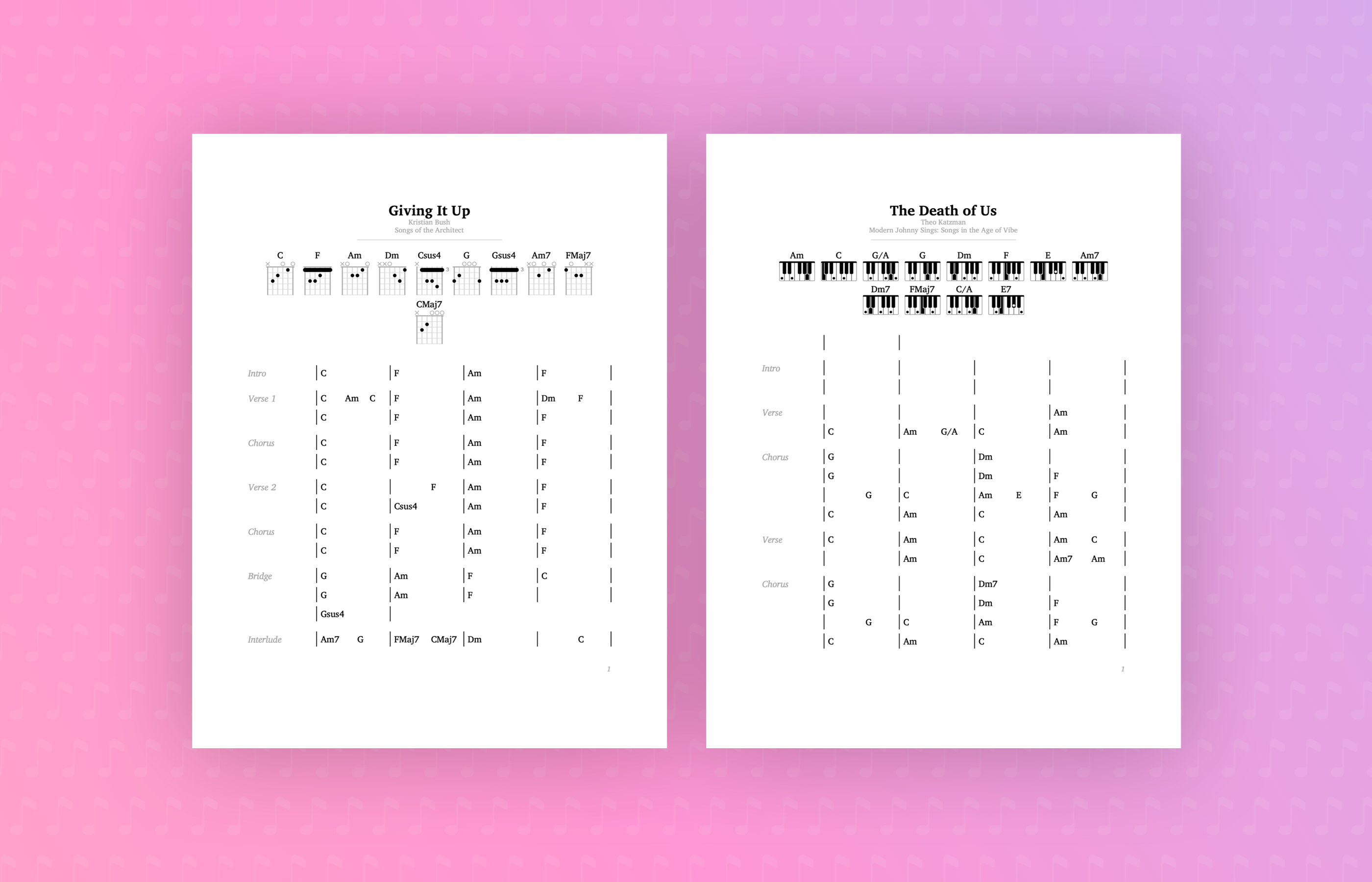 Two printed lead sheets built from a song's detected chords and sections